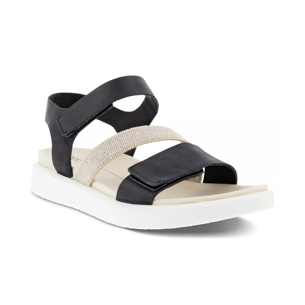 ECCO Flowt 2 Band Strappy Sandals Women's 38 (7-7.5) Black Leather Comfort Flat